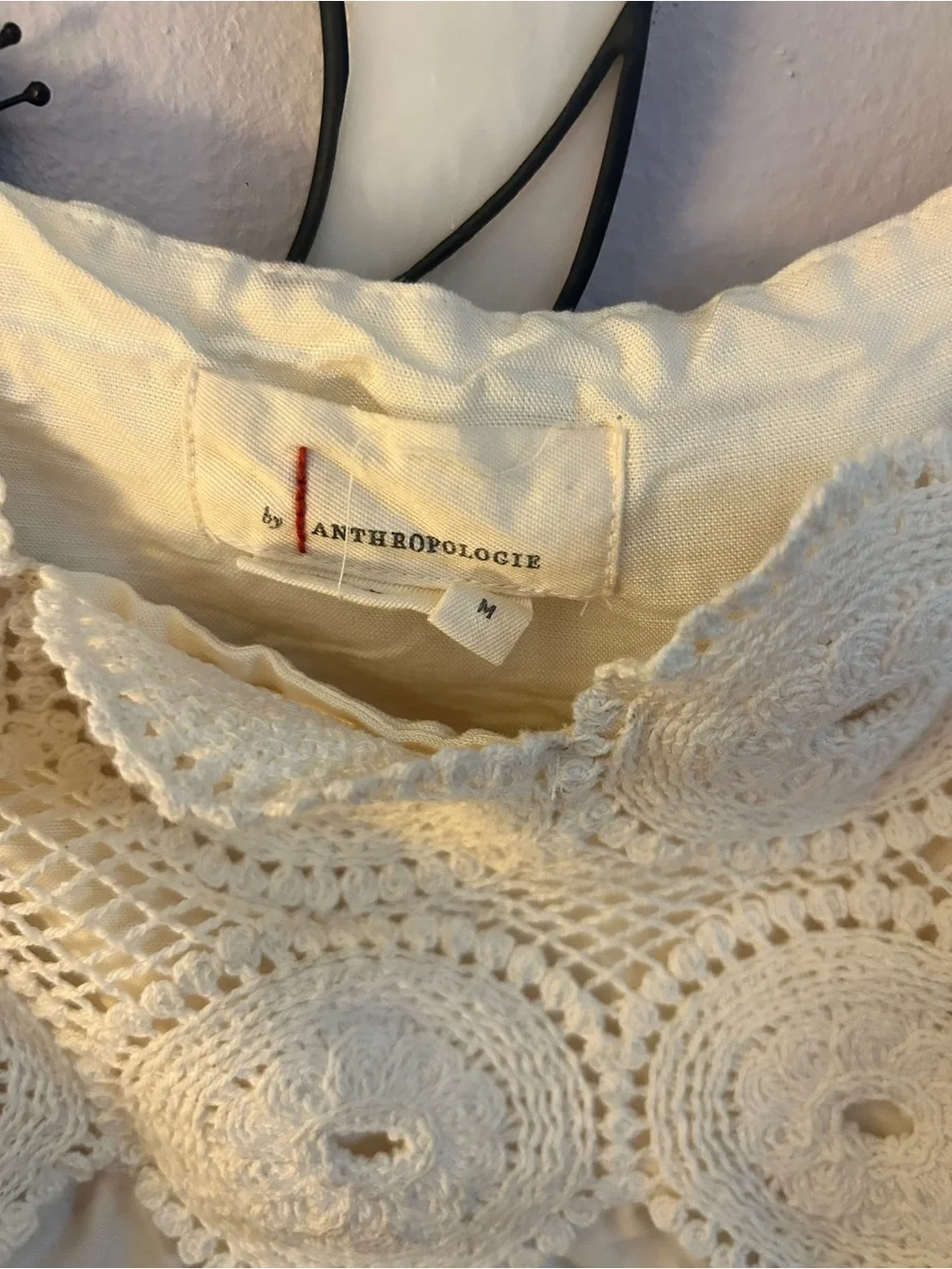 Anthropologie Cream Crochet-Front Peasant Top